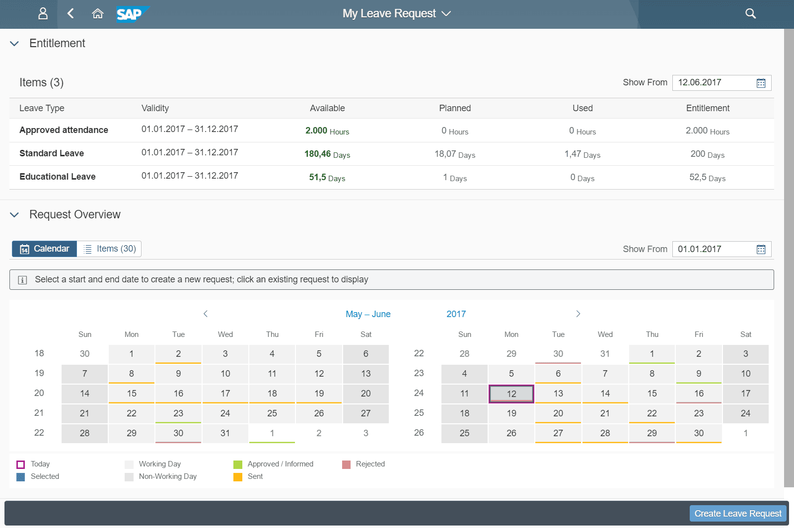 SAP Fiori My Leave Request screenshot: entitlement summary, calendar view, and create leave request