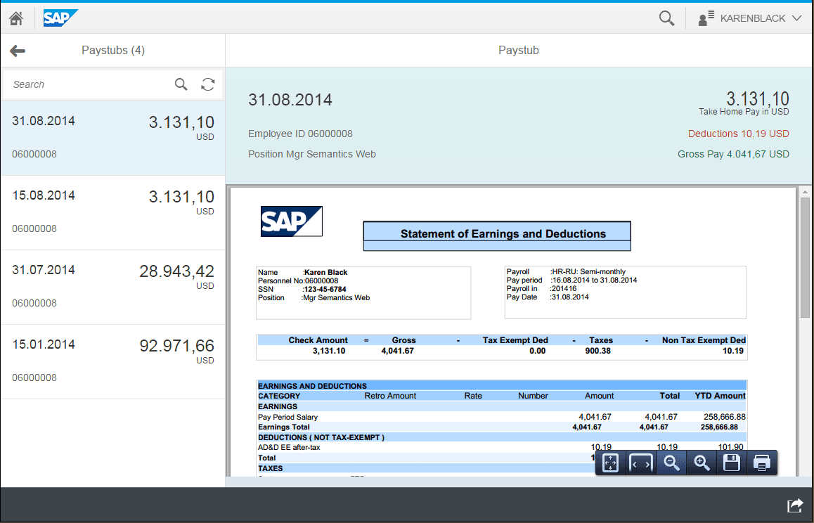 SAP Fiori bordrolar listesi ve detay: kazanç kesinti özeti ve bordro belgesi görüntüleyici