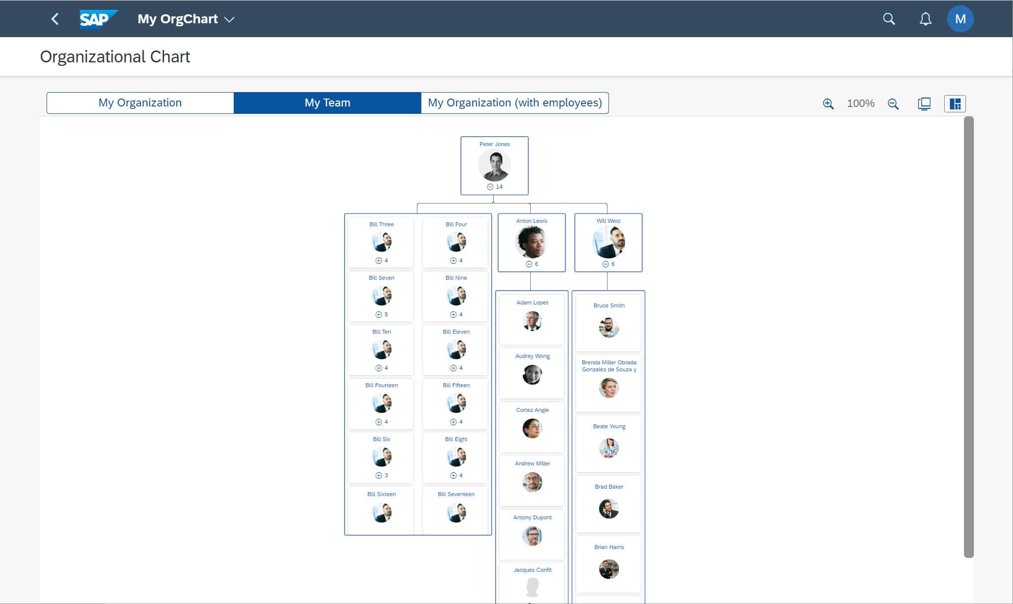 SAP Fiori Organizasyon Şeması ekran görüntüsü: takım görünümü ve hiyerarşik yapı