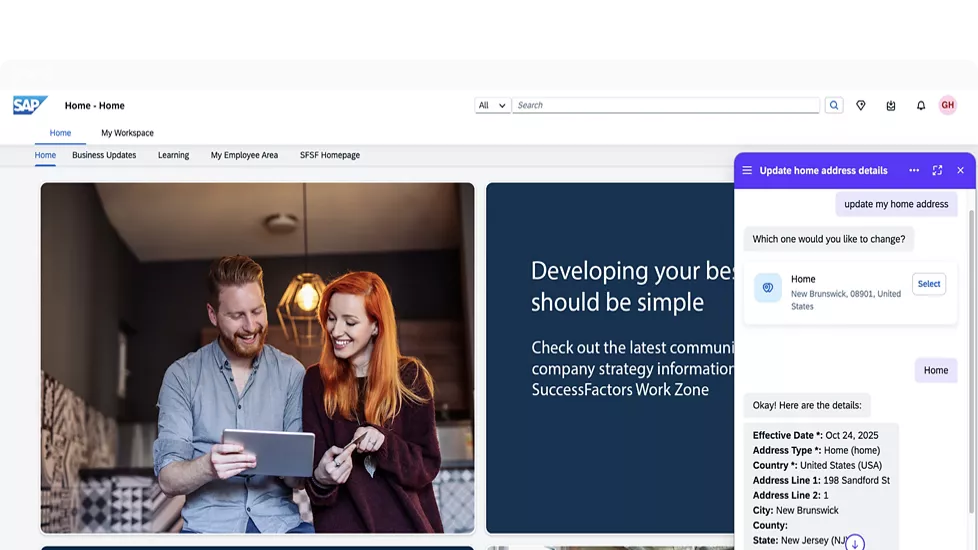 SAP SuccessFactors Work Zone ana sayfası: kişiselleştirilmiş içerik ve yapay zeka sohbetinde adres güncelleme self-servisi.