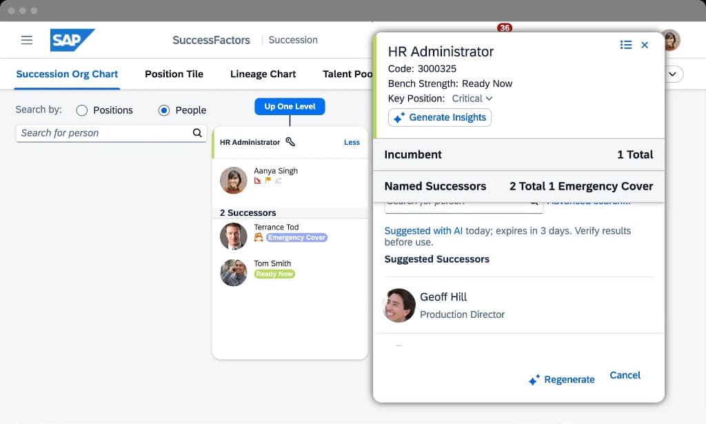 SAP SuccessFactors succession org chart with positions, incumbents, named successors, bench strength, and AI-suggested successors.