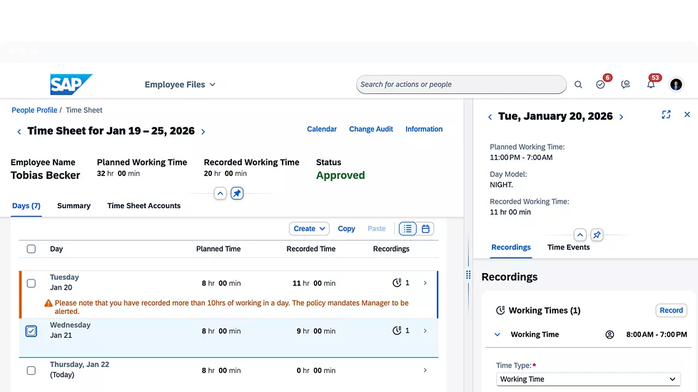 SAP SuccessFactors zaman çizelgesi: haftalık planlanan ve kayıtlı çalışma süreleri, onay durumu ve günlük zaman kayıtları.