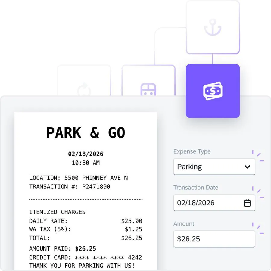 SAP Concur Masraf Yönetimi: park fişi otomatik olarak masraf türü, tarih ve tutar alanlarına dönüştürülüyor.