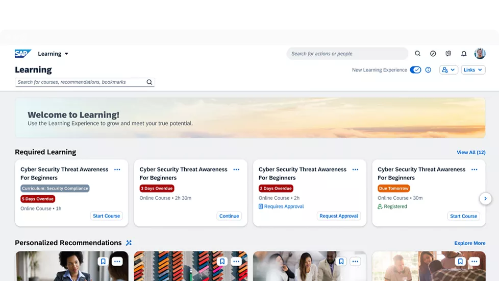SAP SuccessFactors Learning ana sayfası: hoş geldin bandı, zorunlu öğrenme kartları ve kişiselleştirilmiş öneriler.